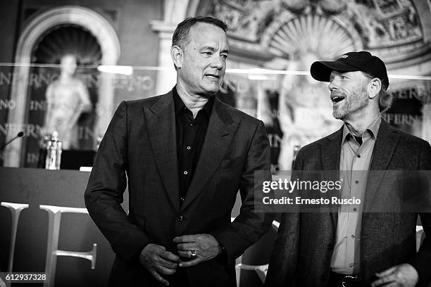 Tom Hanks and director Ron Howard attend a photocall for 'Inferno' at Palazzo Vecchio on October 6, 2016 in Florence, Italy.