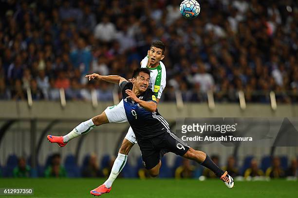 Shinji Okazaki of Japan competes for the ball during the 2018 FIFA World Cup Qualifiers match between Japan and Iraq at Saitama Stadium on October 6,...