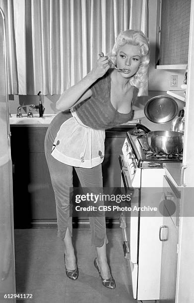 Jayne Mansfield at home. She is photographed in advance of her appearance on the Chrysler Shower of Stars episode: Star Time. November 29, 1956....