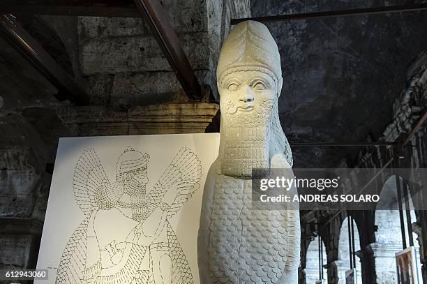 Picture shows a reconstitution of the human-headed bull from the North-West Palace in Nimrud, as part of an exhibition called "Rising from...