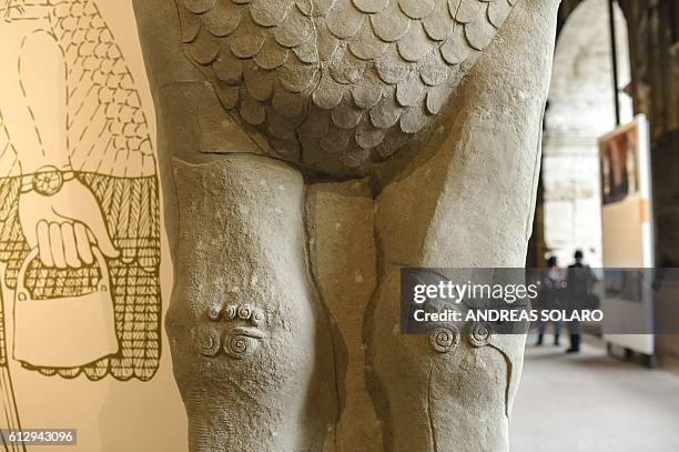 Picture shows a detail of a reconstitution of the human-headed bull from the North-West Palace in Nimrud, as part of an exhibition called "Rising...