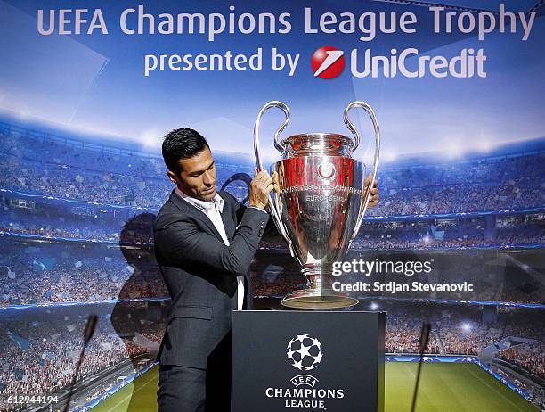 Luis Garcia lift the trophy during the UEFA Champions League Trophy Tour - by UniCredit press conference at City Hall on October 6, 2016 in Sarajevo,...