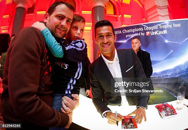 Luis Garcia poses with the fans during the UEFA Champions League Trophy Tour - by UniCredit at City Hall on October 6, 2016 in Sarajevo, Bosnia and...