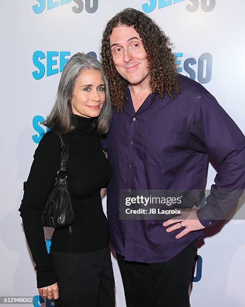 Singer 'Weird Al' Yankovic and Suzanne Krajewski attend the premiere of Seeso's 'Bajillion Dollar Properties' Season 2 on October 5, 2016 in Los...