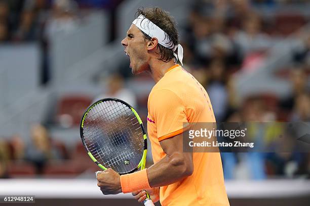 Rafael Nadal of Spain celebrates after winning the match against Adrian Mannarino of France during the Men's singles third round match on day six of...