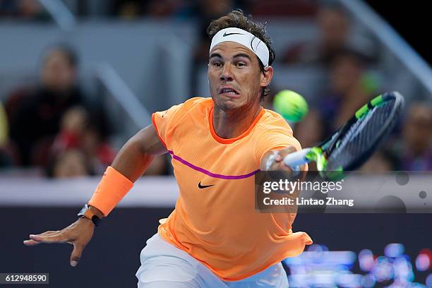 Rafael Nadal of Spain returns a shot against Adrian Mannarino of France during the Men's singles third round match on day six of the 2016 China Open...