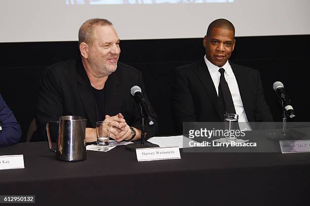 Producer Harvey Weinstein and rapper Shawn "JAY Z" Carter participate in a panel discussion during Shawn "JAY Z" Carter, the Weinstein Company and...