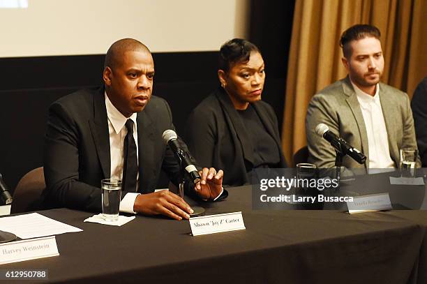 Rapper Shawn "JAY Z" Carter, Venida Browder, and filmmaker Jenner Furst participate in a panel discussion during Shawn "JAY Z" Carter, the Weinstein...