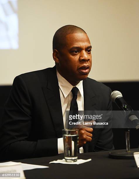 Rapper Shawn "JAY Z" Carter participates in a panel discussion during Shawn "JAY Z" Carter, the Weinstein Company and Spike TV's announcement of a...