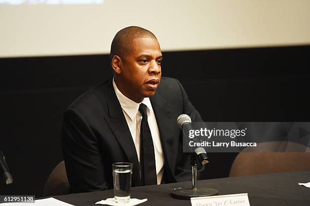 Rapper Shawn "JAY Z" Carter participates in a panel discussion during Shawn "JAY Z" Carter, the Weinstein Company and Spike TV's announcement of a...