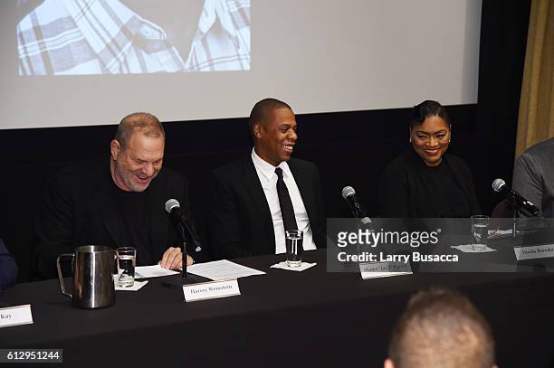 Producer Harvey Weinstein, rapper Shawn "JAY Z" Carter, and Venida Browder participate in a panel discussion during Shawn "JAY Z" Carter, the...