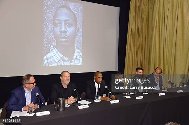 Kevin Kay, Harvey Weinstein, Jay-Z, Venida Browder, Jenner Furst, and Nick Sandow participate in a panel discussion during Shawn "JAY Z" Carter, the...