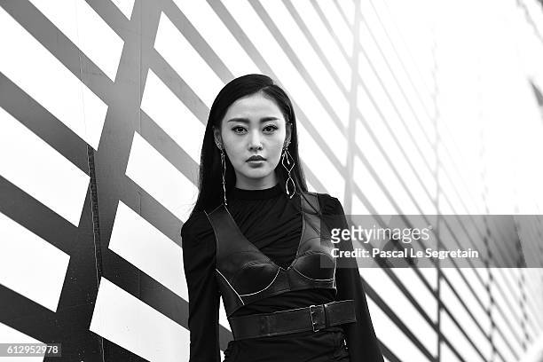 This image has been converted to Black and White. Crystal Zhang attends the Louis Vuitton show as part of the Paris Fashion Week Womenswear...