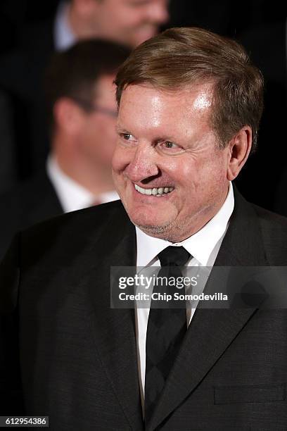 National Hockey League champion Pittsburgh Penguins owner Ronald Burkle celebrates the team's Stanley Cup victory in the East Room of the White Hosue...