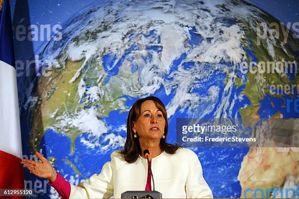 President of COP 21 and French Environment Minister Segolene Royal delivers a speech during the press conference on the entry into force of the Paris...