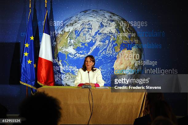 President of COP 21 and French Environment Minister Segolene Royal delivers a speech during the press conference on the entry into force of the Paris...