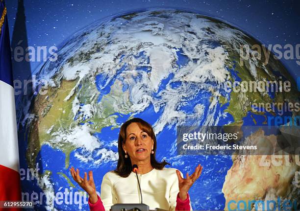 President of COP 21 and French Environment Minister Segolene Royal delivers a speech during the press conference on the entry into force of the Paris...