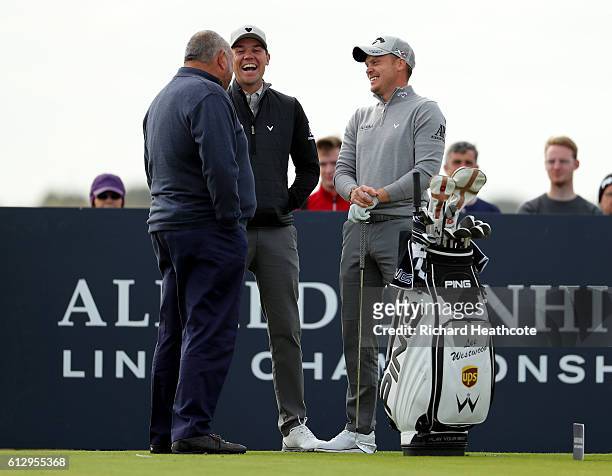 Danny Willett, Jonathan Smart and Andrew Chubby Chandler on the 16th tee during the first round of the Alfred Dunhill Links Championship on the...
