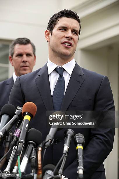 National Hockey League champion Pittsburgh Penguins player Sidney Crosby speaks with reporters after celebrating his team's Stanley Cup victory in...