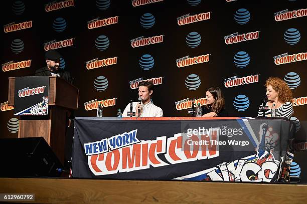 Matt Smith, Jenna Coleman and Alex Kingston speak at the Tales from the TARDIS panel at Jacob Javits Center on October 6, 2016 in New York City.