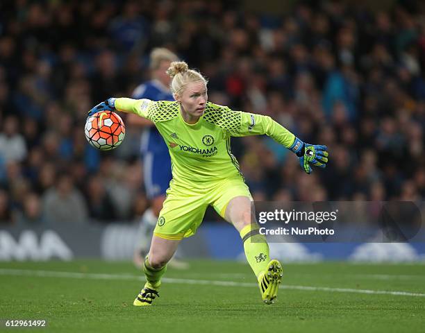 Chelsea Ladies Hedvig Lindahl during UEFA Women Champion League Round of 32 match between Chelsea Ladies and VFL Wolfsburg Ladies at Stamford Bridge...