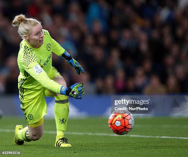 Chelsea Ladies Hedvig Lindahl during UEFA Women Champion League Round of 32 match between Chelsea Ladies and VFL Wolfsburg Ladies at Stamford Bridge...