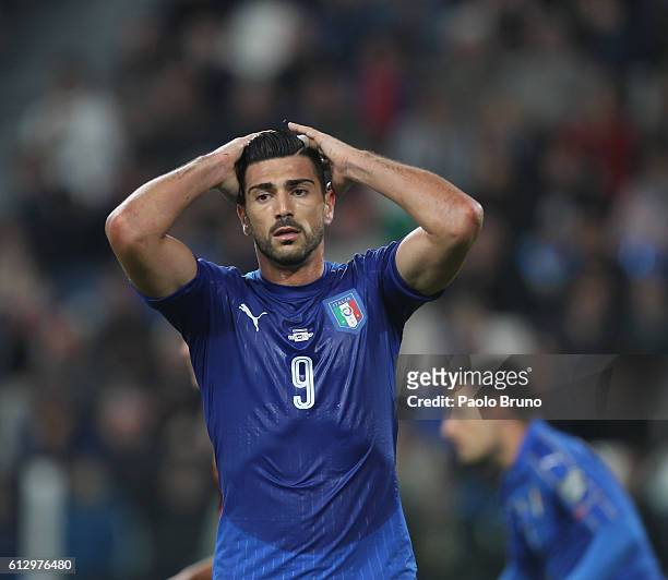Graziano Pelle of Italy reacts during the FIFA 2018 World Cup Qualifier between Italy and Spain at Juventus Stadium on October 6, 2016 in Turin.