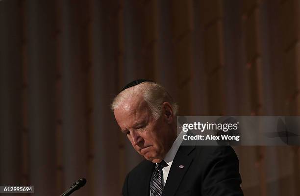 Vice President Joseph Biden speaks during a memorial service for the late former Israeli president Shimon Peres at the Adas Israel Congregation...