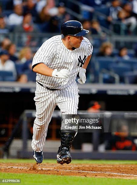 Billy Butler of the New York Yankees in action against the Baltimore Orioles at Yankee Stadium on October 1, 2016 in the Bronx borough of New York...