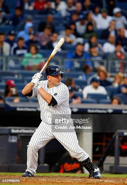 Billy Butler of the New York Yankees in action against the Baltimore Orioles at Yankee Stadium on October 1, 2016 in the Bronx borough of New York...