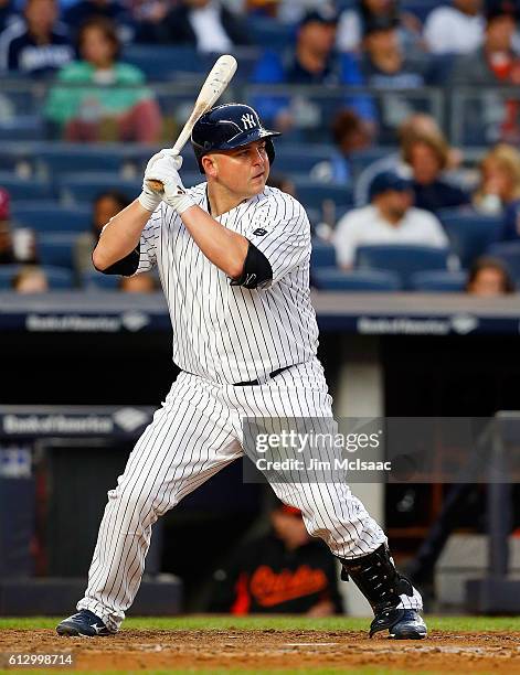 Billy Butler of the New York Yankees in action against the Baltimore Orioles at Yankee Stadium on October 1, 2016 in the Bronx borough of New York...