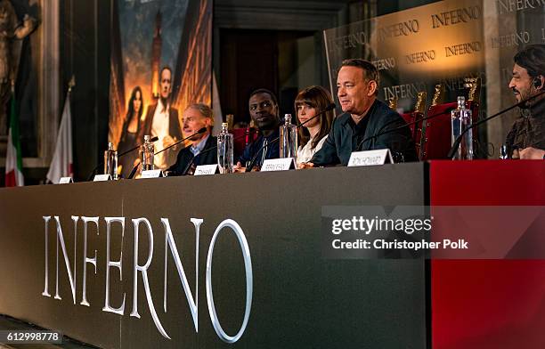 Author Dan Brown and actors Omar Sy, Felicity Jones, Tom Hanks, Irrfan Khan and Ron Howard attend the INFERNO Photo Call & Press Conference at The...