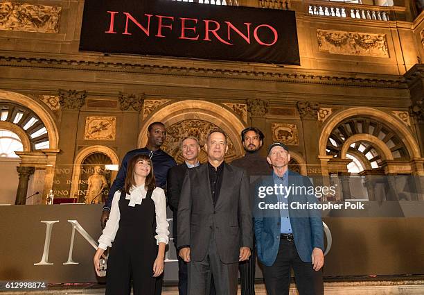 Actress Felicity Jones, actor Omar Sy, author Dan Brown, actor Tom Hanks, actor Irrfan Khan and director Ron Howard attend the INFERNO Photo Call &...