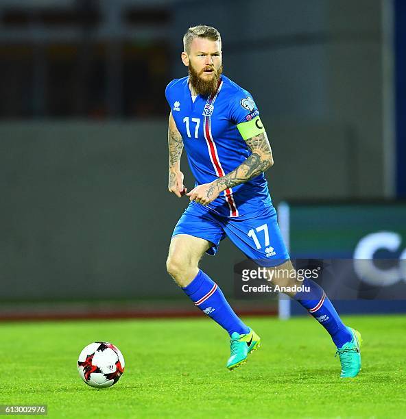 Aron Einar Gunnarsson of Iceland in action during UEFA 2018 World Cup Qualifying Group I match between Iceland and Finland at Laugardalsvöllur...