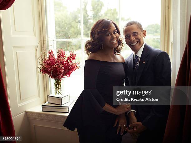 The President and First Lady of the United States of America Barack Obama, Michelle Obama are photographed for Essence Magazine on July 20, 2016 in...