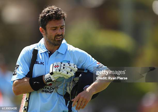 Ed Cowan of the Blues looks dejected after being dismissed by Xavier Bartlett of CA XI during the Matador BBQs One Day Cup match between New South...