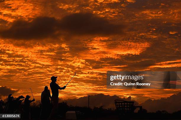 Players warm up on the driving range during day two of the 2016 Fiji International at Natadola Bay Golf Course on October 7, 2016 in Natadola, Fiji.