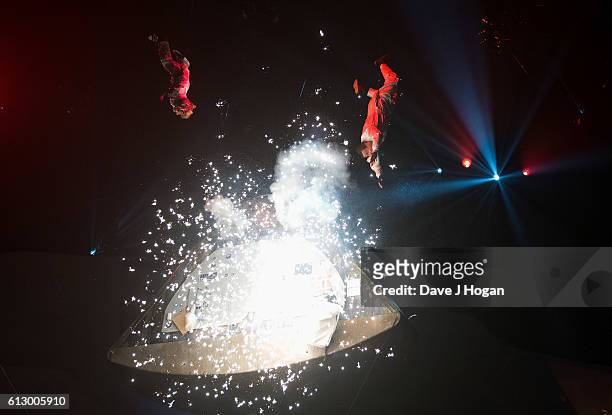Bear Grylls and son Jesse perform during "Bear Grylls: Endeavour" at SSE Arena Wembley on October 6, 2016 in London, England.