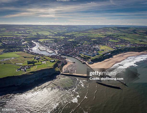 whitby abbey aerial photography - whitby north yorkshire england stock pictures, royalty-free photos & images