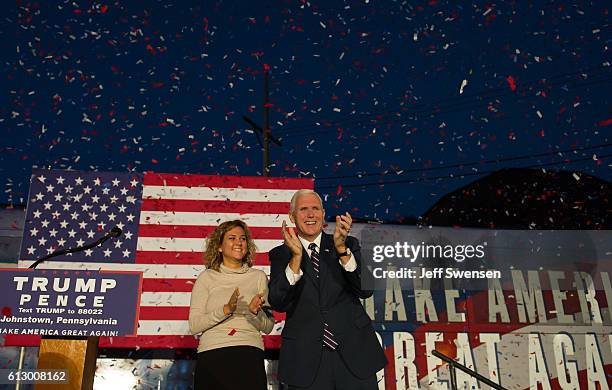 Republican candidate for Vice President Mike Pence speaks to close to 250 supporters at a rally at JWF Industries in Johnstown, Pennsylvania on...