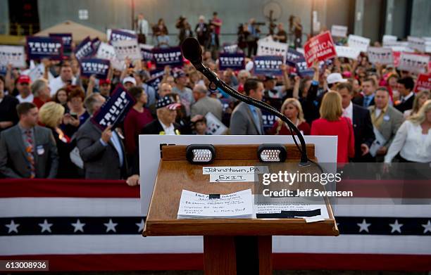 The podium for Republican candidate for Vice President Mike Pence before he spoke to close to 250 supporters at a rally at JWF Industries in...