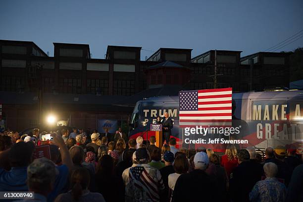 Republican candidate for Vice President Mike Pence speaks to close to 250 supporters at a rally at JWF Industries in Johnstown, Pennsylvania on...