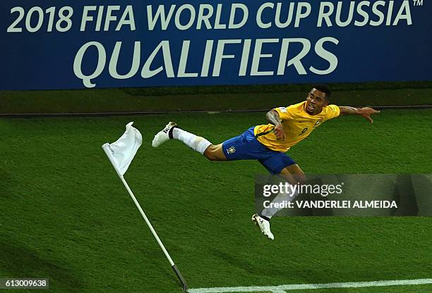 Brazil's Gabriel Jesus celebrates after scoring against Bolivia during their Russia 2018 World Cup football qualifier match in Natal, Brazil, on...
