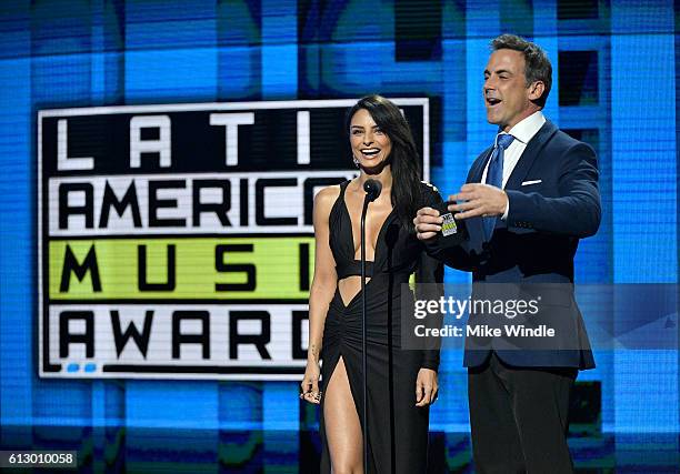 Actors Aislinn Derbez and Carlos Ponce speak onstage during the 2016 Latin American Music Awards at Dolby Theatre on October 6, 2016 in Hollywood,...