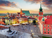 Night panorama of Old Town in Warsaw, Poland