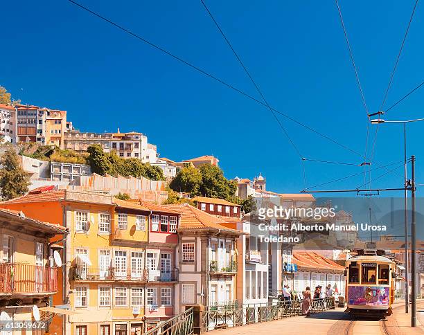 portugal, porto, tram at alfandega area - porto portugal stock-fotos und bilder