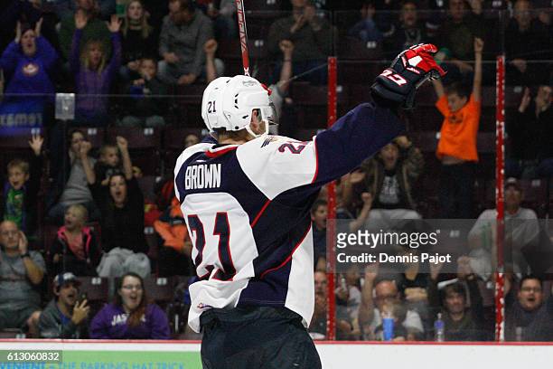 Forward Logan Brown of the Windsor Spitfires celebrates his goal against the Mississauga Steelheads on October 6, 2016 at the WFCU Centre in Windsor,...
