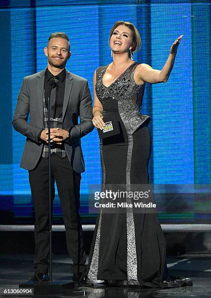 Actor Luis Ernesto Franco and former Miss Universe Alicia Machado speak onstage during the 2016 Latin American Music Awards at Dolby Theatre on...