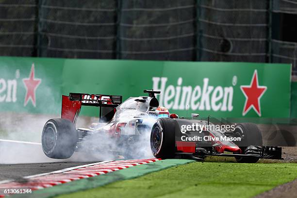 Romain Grosjean of France driving the Haas F1 Team Haas-Ferrari VF-16 Ferrari 059/5 turbo goes off the track during practice for the Formula One...