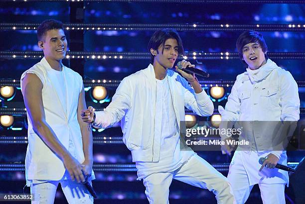 Recording artists Zabdiel De Jesus, Erick Brian Colon and Christopher Velez of CNCO perform onstage during the 2016 Latin American Music Awards at...